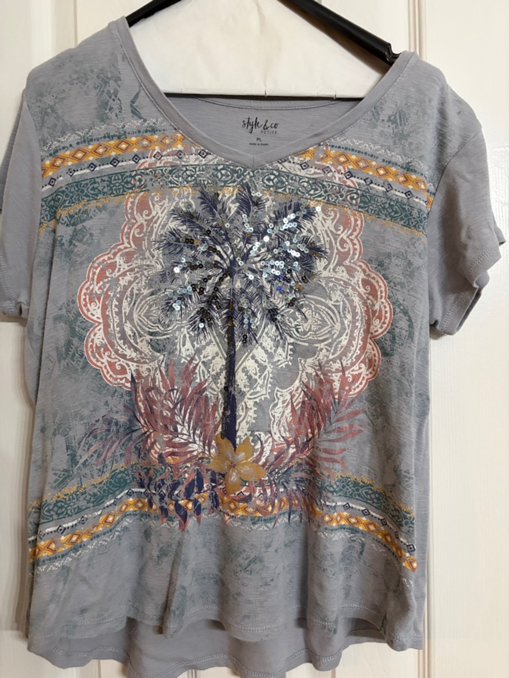 Style & Co. Gray Short-Sleeve V-Neck Top with Sequin Palm Motif